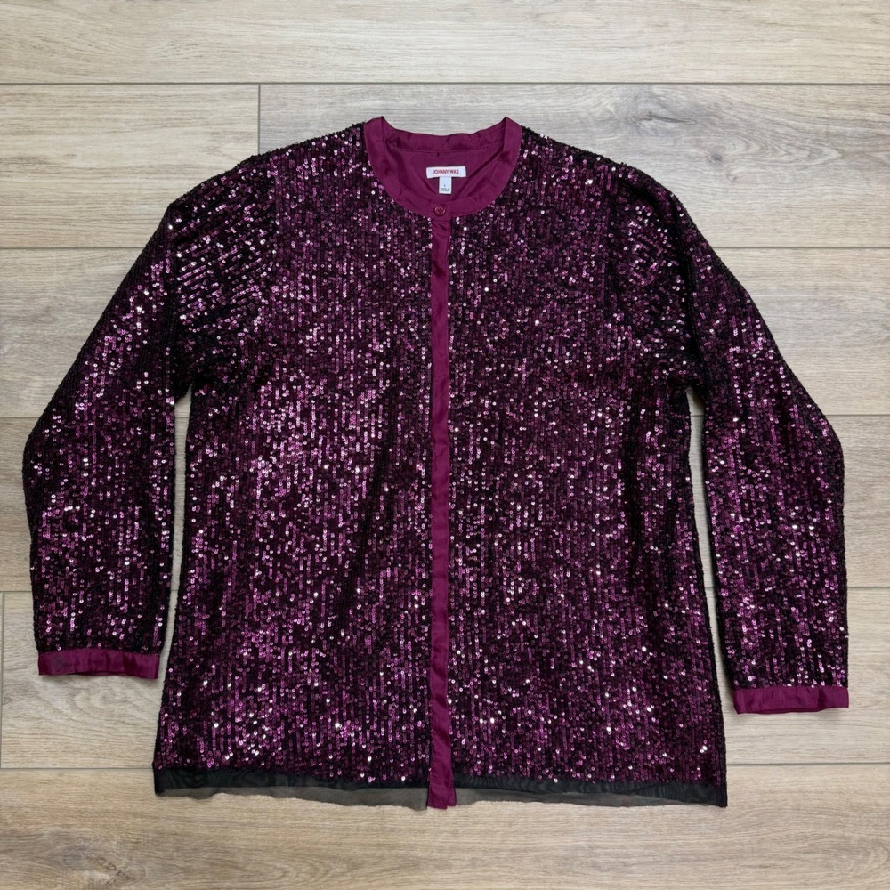 Johnny Was Grace Purple Sequin Silk Cardigan Jacket Top Party Sz Large